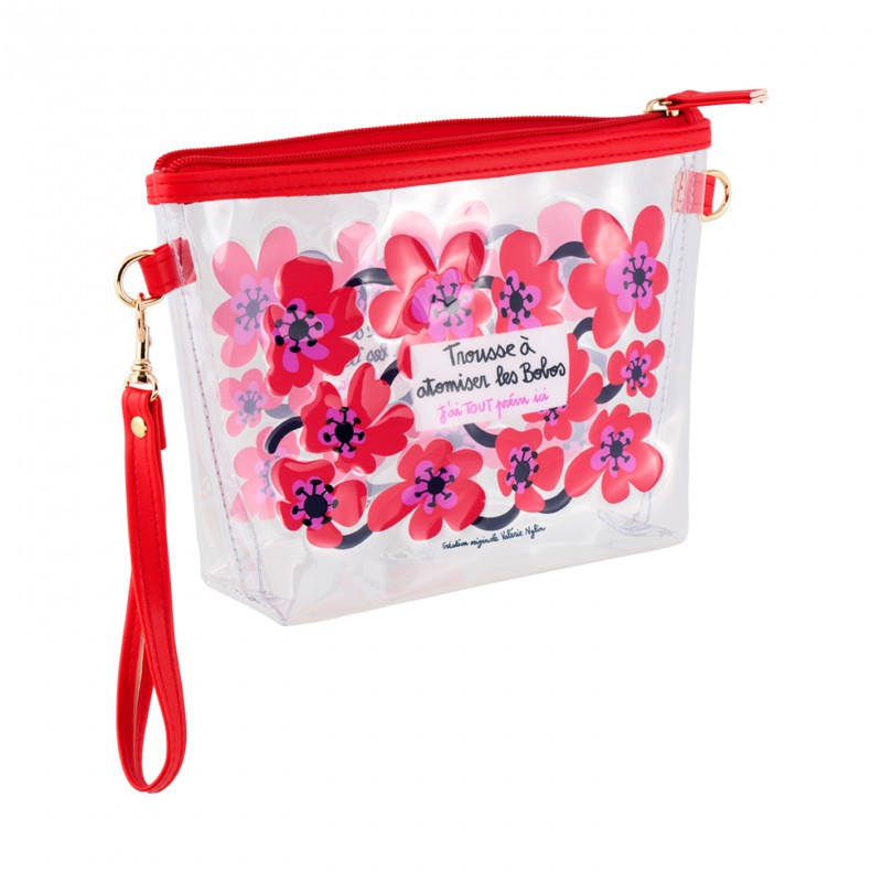 Trousse trasparente e impermeabile con chiusura zip, decorata con fiori rossi